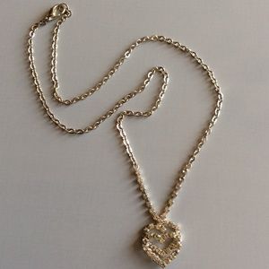 Love Necklace Heart Rhinestone Rolo Chain Silver Tone 18”